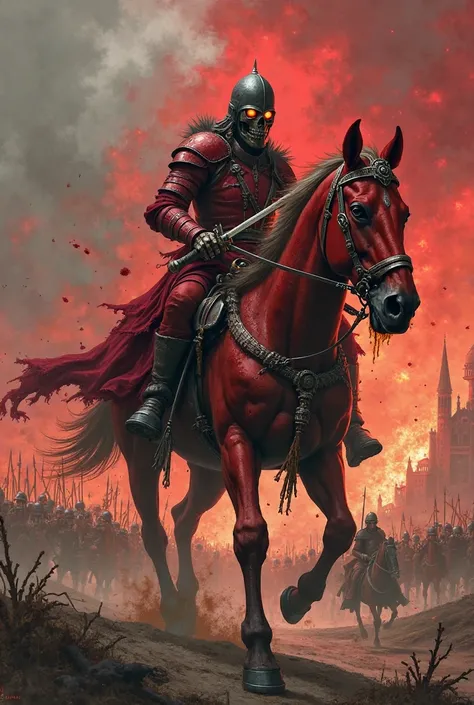 Sturdy red horse with red war armor and black war helmet with bright red eyes and slime on its snout riding on top of it there is a rider who is a skinny skeleton in red war armor with a Viking helmet and bright yellow eyes in his hand holding a rusty long...