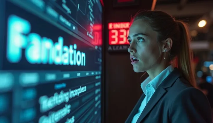 A close-up of a financial transaction screen with a glaring typo – 'Fandation' instead of 'Foundation.' A shocked bank employee in formal attire looks at the screen in disbelief, while an alarm signal flashes red in the background.