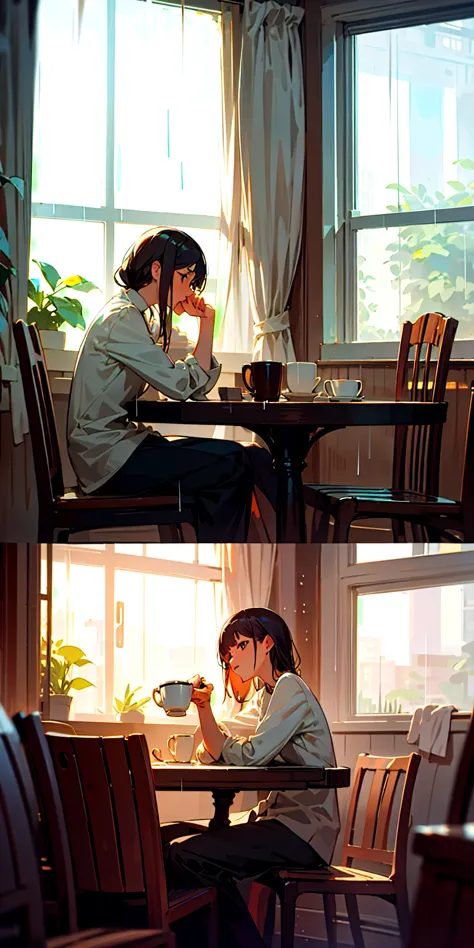 Rain falling by the window, woman drinking coffee,indoors