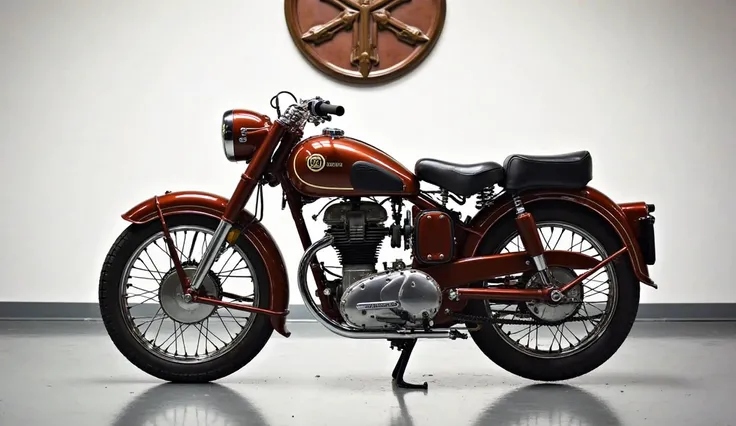 A full attractive hd photo of new 1947 Yamaha RX 100 radish Brown color of exterior. A white shiny showroom background logo on the wall. A bike with side view of vehicle.