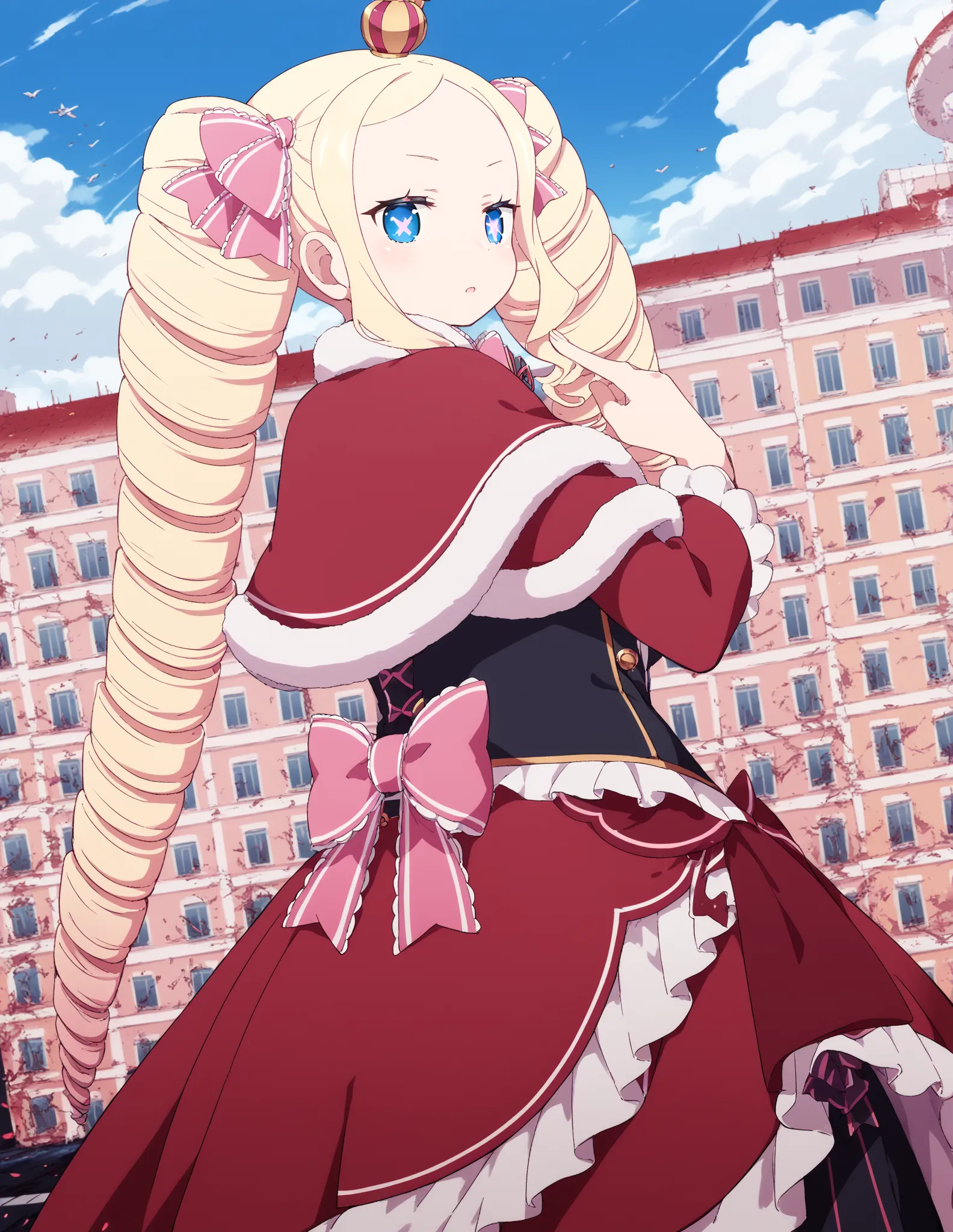  score_9,  score_8_up,  score_7_up,  source_anime, Beatrice,  long hair,  blue eyes, blond hair, twin tail, hair ribbons, side lock, symbol-shaped pupils,   drill hair ,  twin drill,,  dress, ribbons,  fur trim, capelets,  crown, mini  crown, red capelets,...