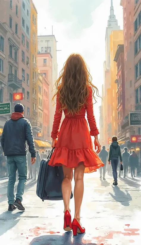 create a image digital water colour illustrations, inspirational,showing succes,Never give up on a dream, fight for your dream, leaving Republic of Georgia, and coming to United States (New York) , young girl in red heels with a bag and her dreams.