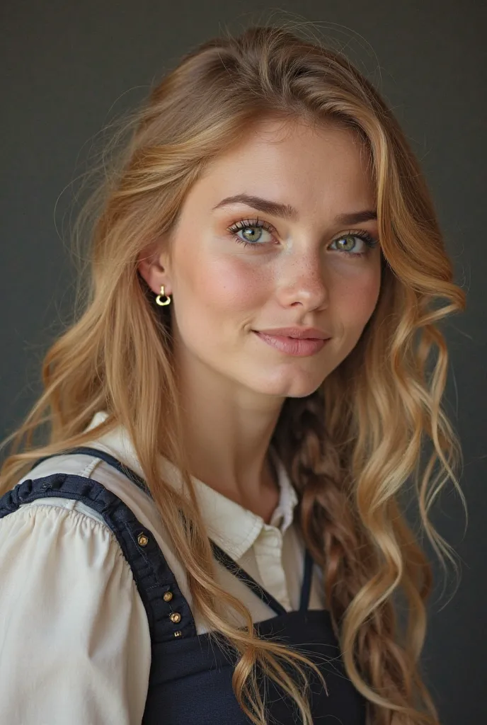 Pretty girl from 2000s, school yearbook, Hot, Blonde hair, slavic, school uniform, hoop earrings, makeup, Masterpiece, High Resolution, Accurate, High Details, Textured Skin, photography, poster, pose, Realistic. 