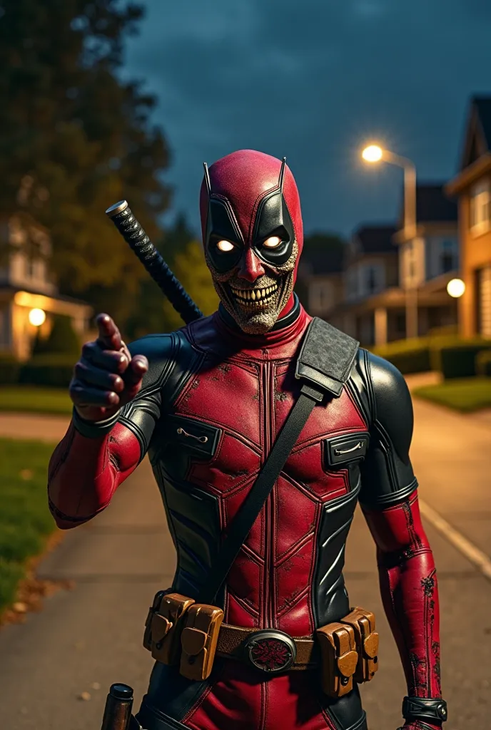 "A horrifying undead version of Deadpool standing on a dimly lit suburban street at night. His red and black suit is torn and battle-damaged, revealing decayed flesh and exposed bone. His mask is partially destroyed, showing a grotesque, rotting skull with...