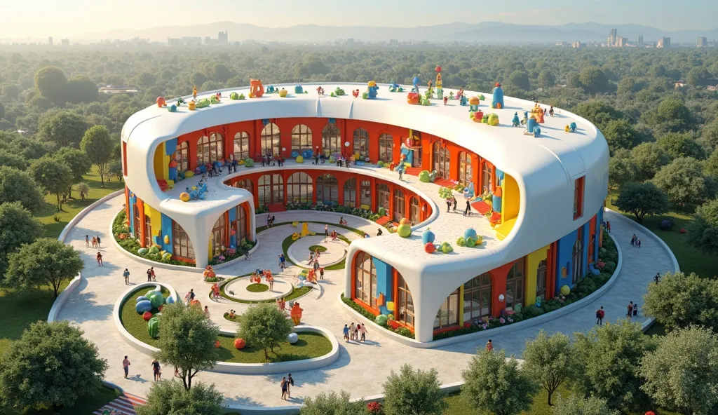 
_"An architectural visualization capturing an overall aerial perspective of a modern, playful kindergarten designed in a distinctive crescent shape. Clearly showcasing its three-story structure, the viewpoint reveals the unique curved form of the building...