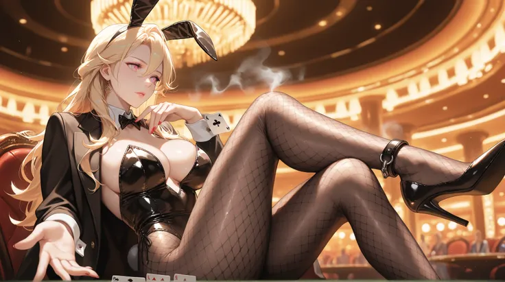 masterpiece, best quality, vibrant, very aesthetic, high contrast, semirealistic, newest,, Very Beautiful Woman , One person,,Richelieu,sit cross-legged,  hold playing cards in hand, steam,casino, Glamorous lighting,bunny girl, Wrinkles on clothes ,strong ...