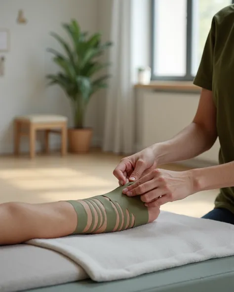 A physiotherapist wearing an olive green T-shirt is carefully applying an olive green lymphatic tape to the patient’s arm. The focus is on a close-up of the therapist’s hands as they gently smooth the tape onto the patient’s skin. The therapist’s fingers p...