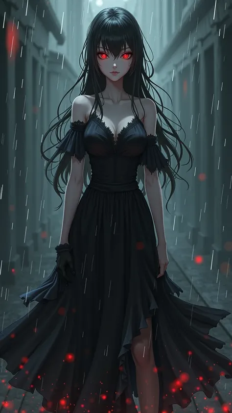 Woman in a black dress with red eyes standing in the rain,  Gothic Maiden anime girl , Anime girl in a black dress , Devil Anime Girl, 1  anime goth girl  , With glowing red eyes,  Dark Art Style , Anime Art Wallpaper 8k, art in the style of guweiz,  Anime...