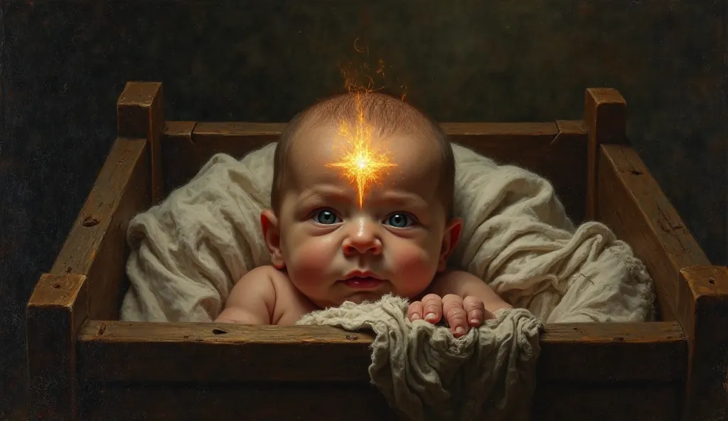 A dramatic Baroque oil painting, capturing a close-up, frontal view of a newborn lying in a rustic wooden cradle. The baby's delicate features are bathed in an eerie glow from a radiant sigil burning on its forehead, pulsating with an unearthly golden ligh...