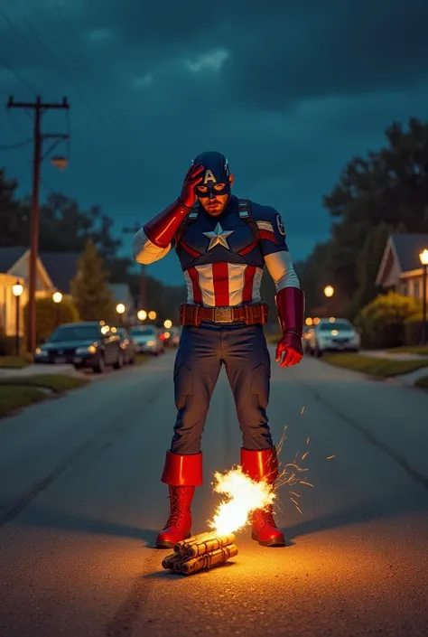 "Captain America standing in the middle of a suburban street at night, holding his head in shock and fear. His classic red, white, and blue suit is detailed with a shining star on his chest and a utility belt around his waist. In front of him, a bundle of ...