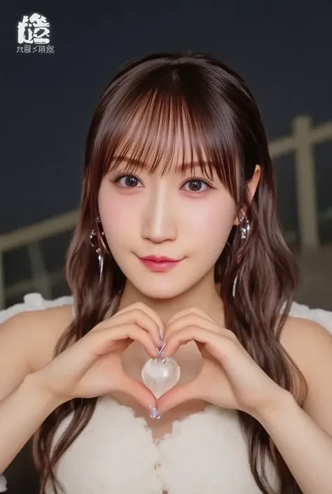 She is wearing a camisole, I make a heart shape with both hands , And then pose in front of her chest, Close up of a smiling face with closed eyes