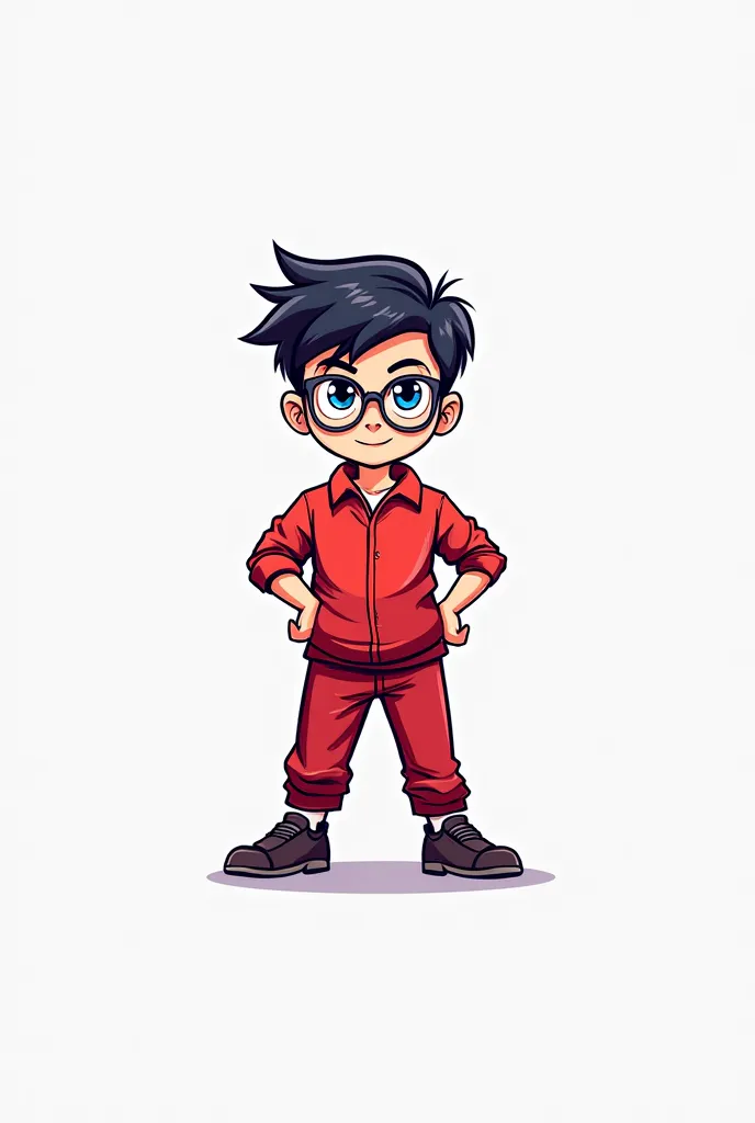 Create a gaming logo featuring a boy wearing glasses and dressed in a red outfit, and the logo's name should be "DULUX SERVER " background should be White