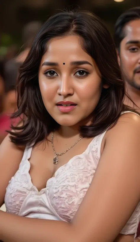 front view, extreme long shot photo of sexy indian, look at viewer and subtle smile, curvy athletic figure, open arms, sexy armpits, sweating,  necklace, white see through lace bra,glossy lips, (cinematic:1.3), intricate details, full size image, full size...