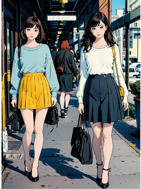 PASTEL COLOR ,  1980s Style  ,art colored pencil drawing，( TOP QUALITY:1.2, very detailed,  latest,  vibrant , high contrast , masterpiece:1.2, TOP QUALITY,  BEST AESTHETICS),((Greatest Masterpiece)),(((TOP QUALITY)))high definition、((  two girls、full body...