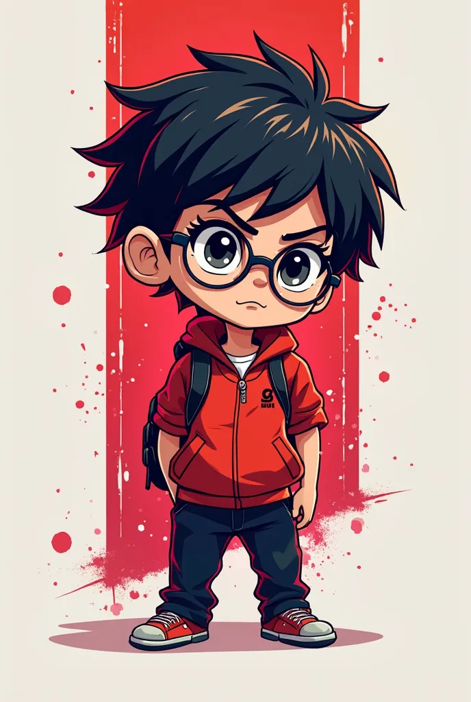 Create a gaming logo featuring a boy wearing glasses and dressed in a red outfit, and the logo's name should be "DULUX SERVER "