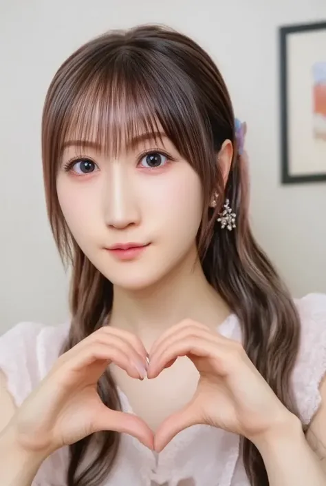 She is wearing a camisole, I make a heart shape with both hands , And then pose in front of her chest, Close up of a smiling face with closed eyes