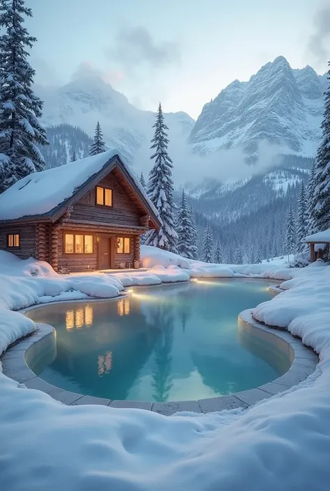 A breathtaking thermal pool surrounded by deep snow, steam rising into the crisp winter air. Behind the pool stands a cozy wooden mountain cabin with warm glowing lights from its windows. The scene is ultra-realistic, captured in stunning 4K HDR with cinem...