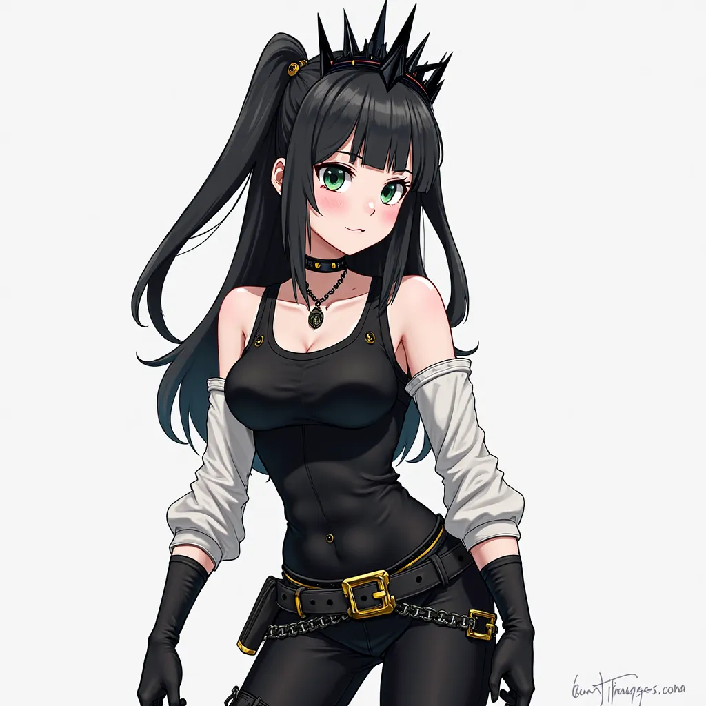 Dominant color: Black and white
Head accessory: Wearing a spiked black crown with chain ornament
Hair: Long black with small yellow accessories detail
Top Clothing: Black tank top or vest with white sleeves
Underwear: Celana panjang hitam dengan detail tam...