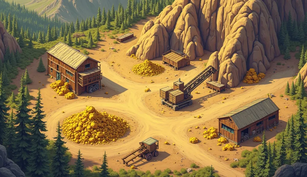 Design an aerial view of a gold mining camp with extracting machines, storage sheds, and roads leading to a processing plant. The golden nuggets and ore deposits are visible in piles near the camp. Surrounding the site are rugged, rocky outcrops and green ...