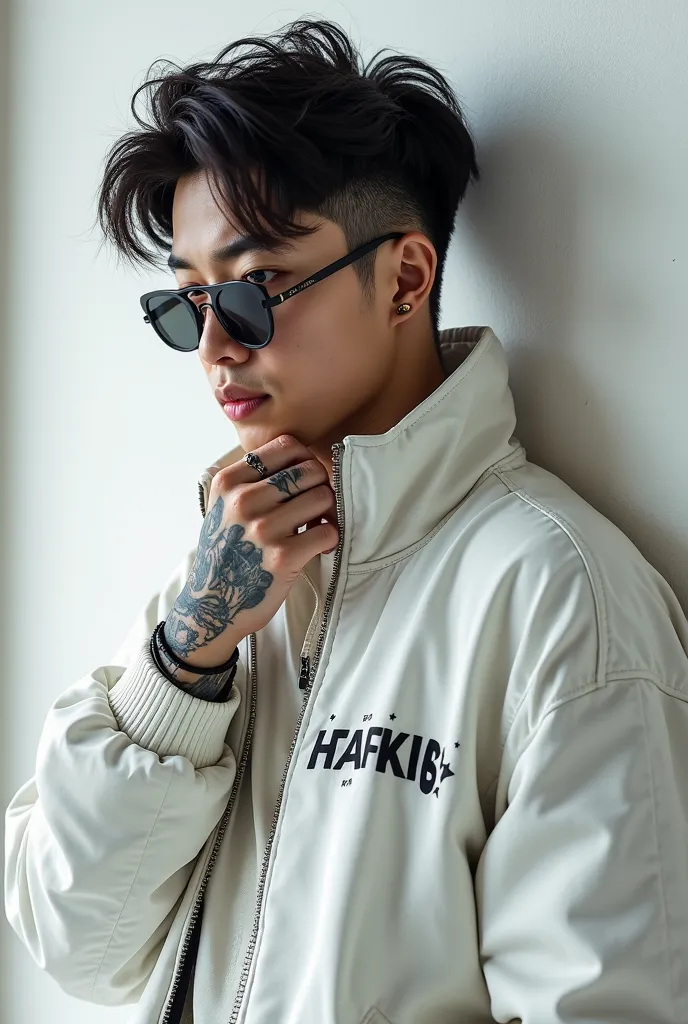  Ultra detailed stunning image, full body portrait ,Korean Faced 28 Year Old Guy, wearing sunglasses,tattooed hands, wearing a white jacket with the words "TRISTAN "In his jacket, , leaning against a white wall, with one hand holding the chin , concept art...