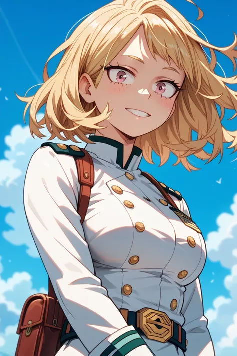 My Hero Academia season2 screencap, Blonde Hair, Pink Eyed Girl, Wearing a uniform, The background is blue sky