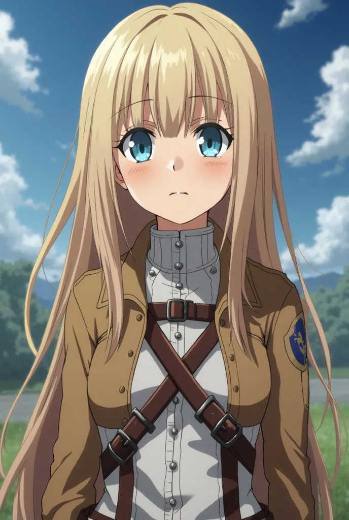  screenshot of attack on titan .
Straight haired blonde girl
His eyes are light blue and he has an indifferent expression.
He's wearing the Legion of Exploration uniform. He also wears a brown belt and brown boots
The girl meets Levi. The image must have t...