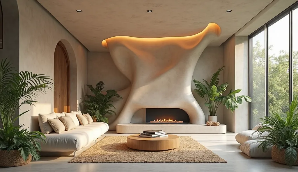 The innovative, contemporary and biophilic-style living-room, inspired the shape of Parametric wall, creating a serene and retreat. Make it realistic and actually made