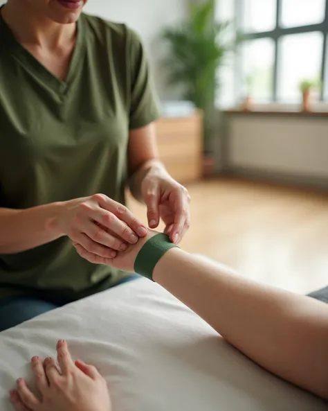 A physiotherapist wearing an olive green T-shirt is carefully applying an olive green lymphatic tape to the patient’s arm. The focus is on a close-up of the therapist’s hands as they gently smooth the tape onto the patient’s skin. The therapist’s fingers p...