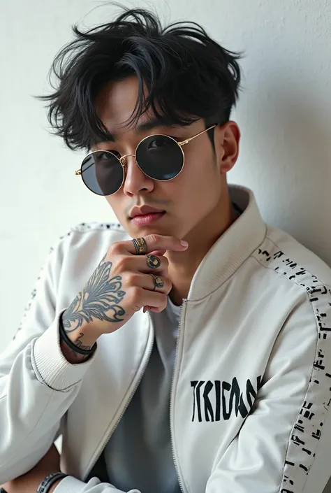  Ultra detailed stunning image, full body portrait ,Korean Faced 28 Year Old Guy, wearing sunglasses,tattooed hands, wearing a white jacket with the words "TRISTAN "In his jacket, , leaning against a white wall, with one hand holding the chin , concept art...