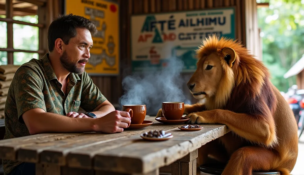 Ultra-realistic 8K UHD photo of a man, a lion, and an orangutan casually lounging at a rustic village coffee shop. All three face the viewer, seated on wooden stools around a weathered table. The man (mid-30s, tanned skin, short beard) wears a traditional ...