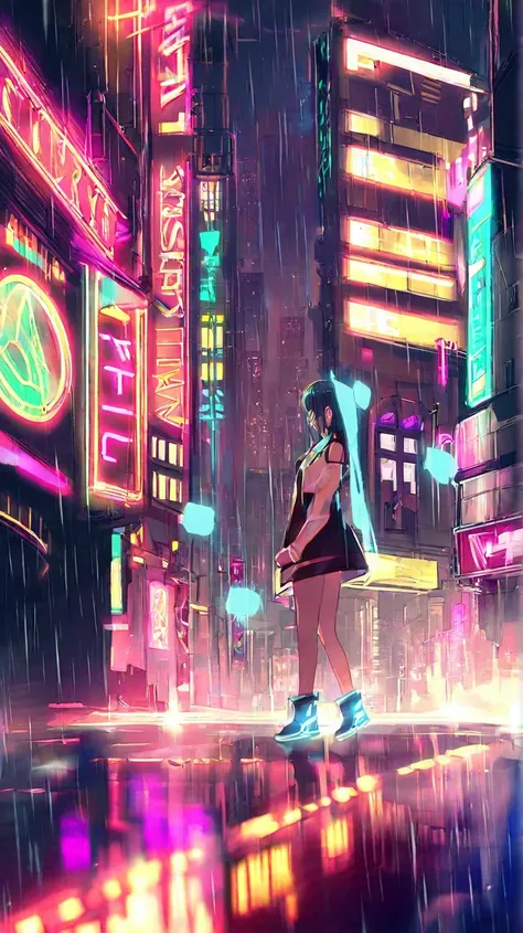 A futuristic anime girl standing under neon lights in a cyberpunk city, rain falling, glowing holograms, highly detailed, anime-style, cinematic lighting.