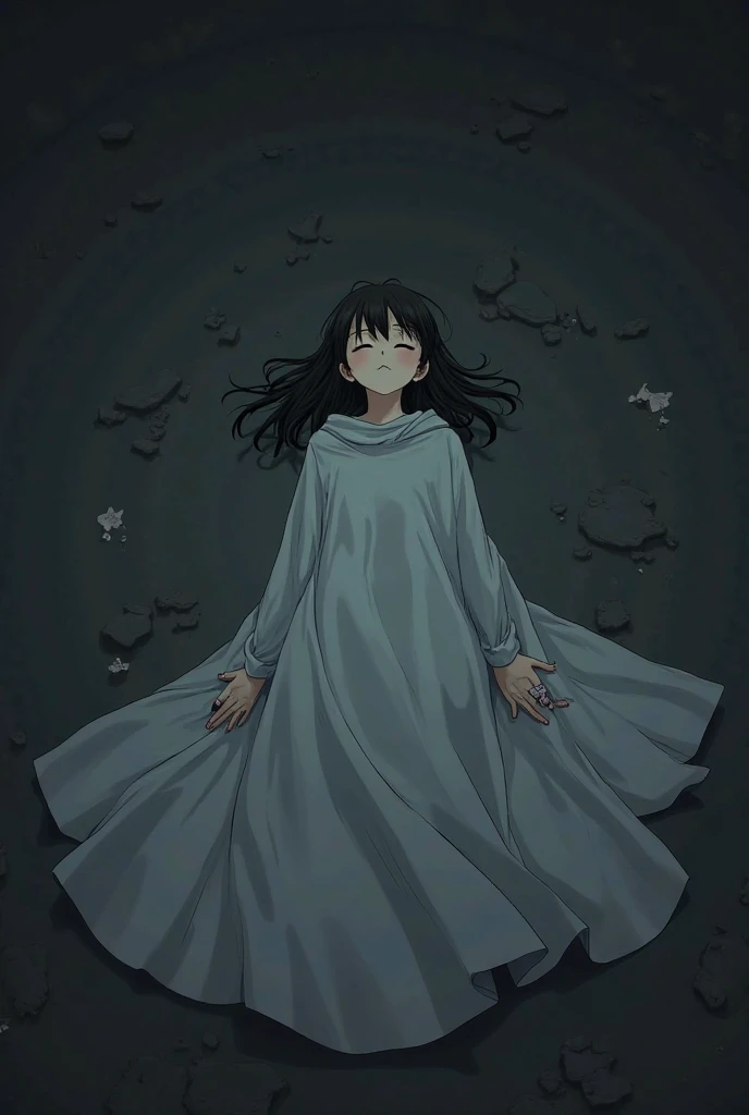 Anime girl wearing a large cloak, girl died, dead pose, lay on her face, hands still on the side 