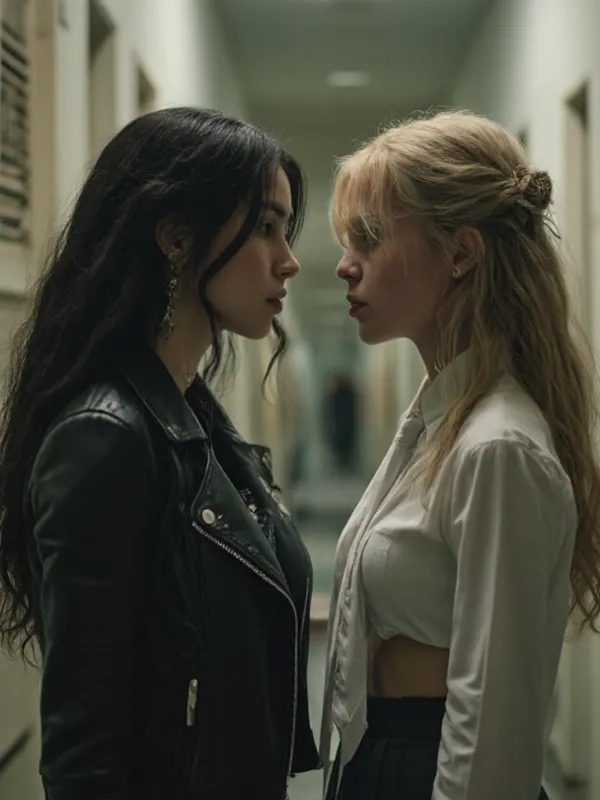 (best quality, ultra-detailed, intricate textures:1.3), (masterpiece, cinematic lighting, moody cinematic aesthetic:1.3), a medium shot capturing an passionate moment in a high school hallway.

The bad girl, a striking figure with long, wavy black hair, we...