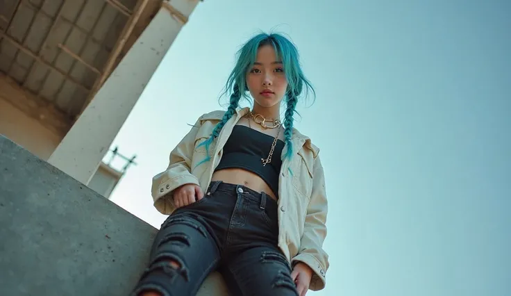 a hype realistic  korean blue turqoise braided hair girl with a white cyberpunk jacket standing on the corner of a ledge looking into the camera from a bottom view, she is a street thig by nature, she smiles slightly with faith showing her ash blue eyes,  ...