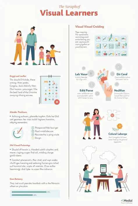 Info graphic about visual learners contains 3 to 4 phrases abiut visual learners and lrt it be one page and simple in English 