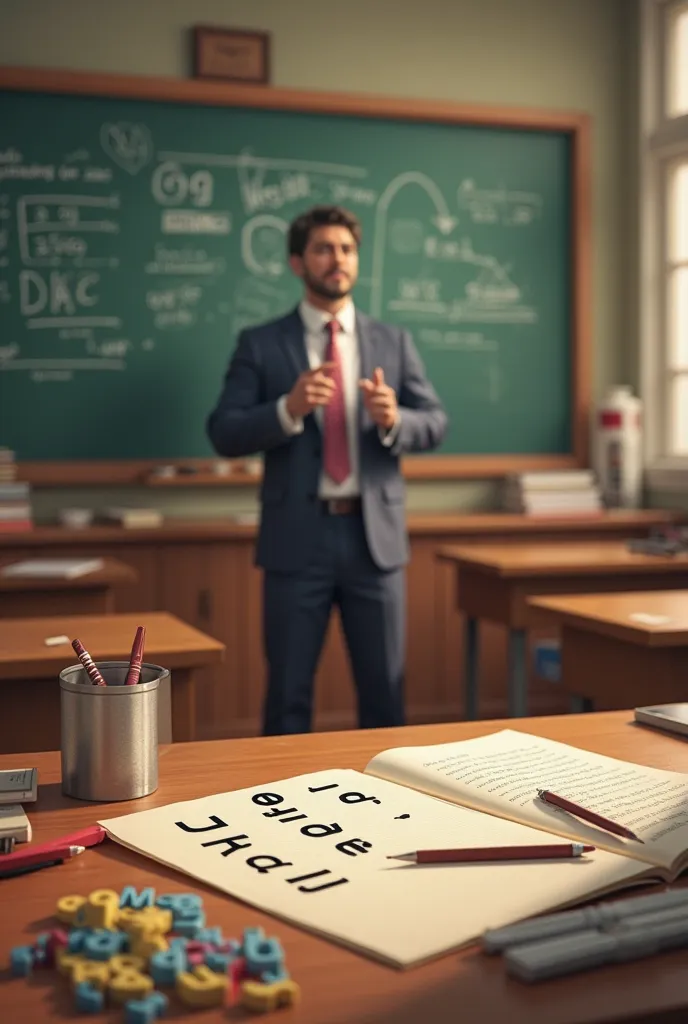 Teacher space for lectures on the board, table with letters