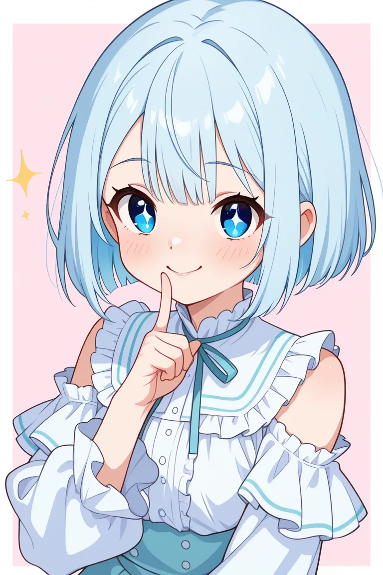 “A cute anime-style girl with light blue hair in a bob cut with side bangs, wearing a white and blue frilly outfit. She has bright, expressive eyes and a gentle smile. She is holding her index finger in front of her lips, as if saying ‘shh,’ while laughing...