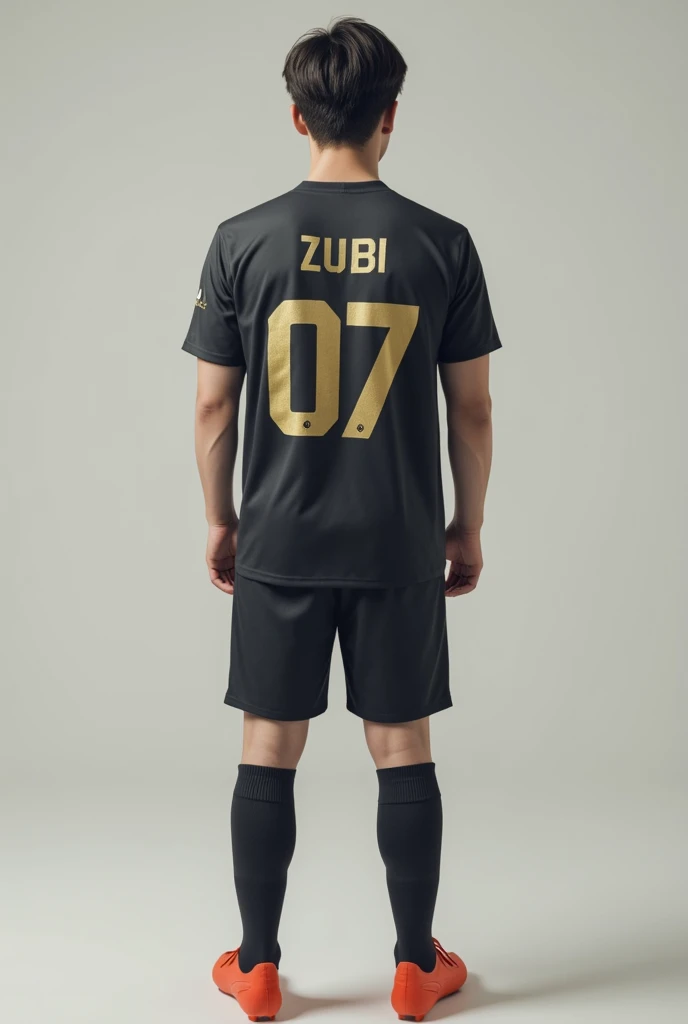 A super realistic image of an 18-year-old male football player, standing with his back facing the viewer in a relaxed posture. He has a textured fringe haircut and an athletic build. He is wearing a football uniform consisting of a fitted sports t-shirt, m...