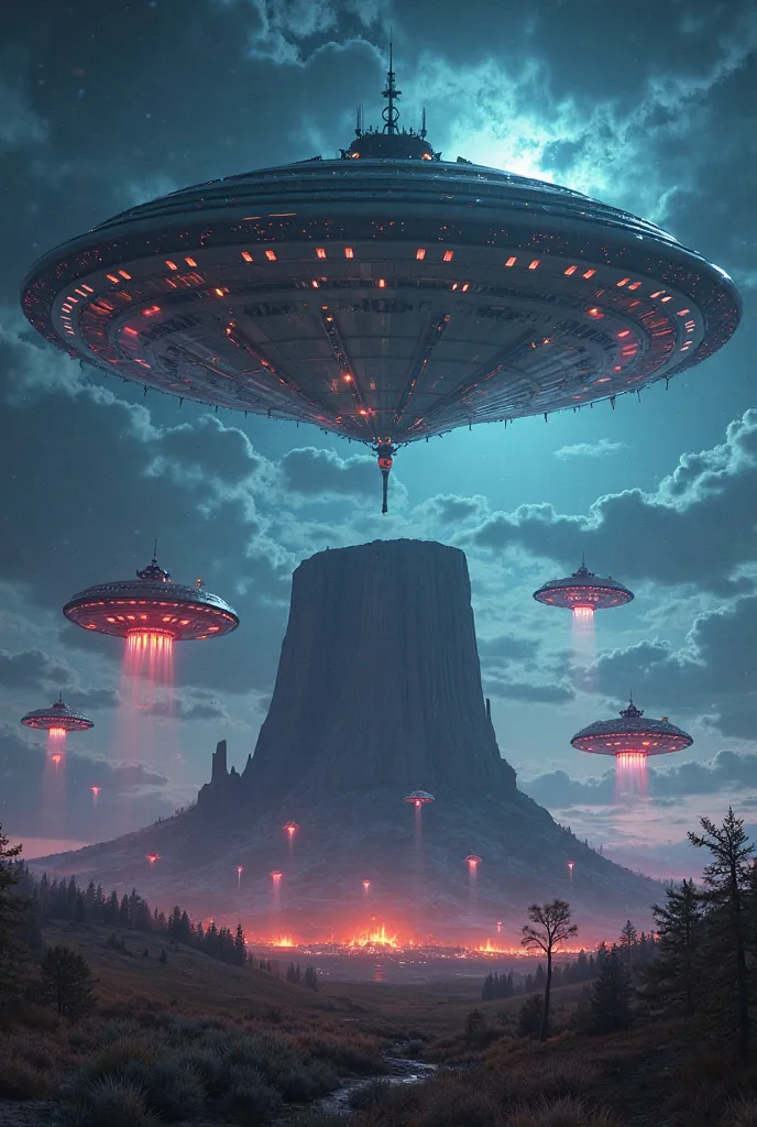 Huge Alien mothership over Devil's Tower in Wyoming with other colorful ships and orbs flying around at night close encounters of the third kind movie poster 