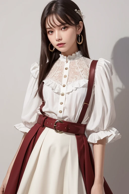  top quality , very detailed,masterpiece, ULTRA DETAIL,Alone,(Delicine eyes),(White background:1.3),red eyes, standing, belt skirt ,[trench coin:20],gem, mole_Down_eye,  in rot _in_viewer, Frilled_ headband, earrings for women with first name