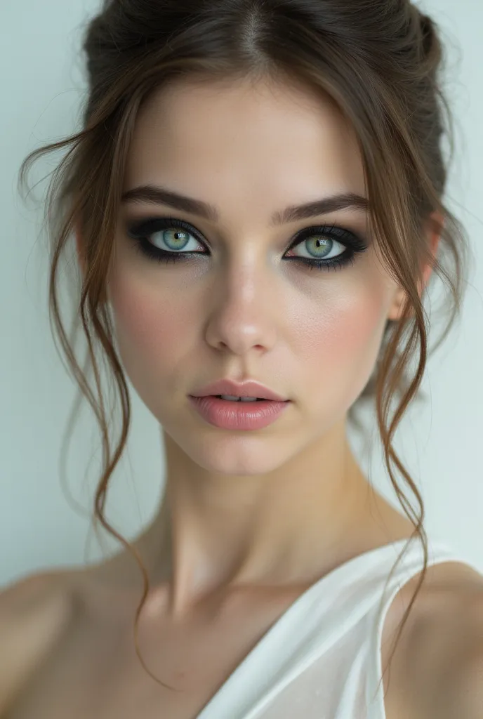 Closeup of eyes,Focus on eyes,Piercing heterochromia eyes, one blue one green,,Bare shoulders,White futuristic background,Natalie dormer, Ethereal,Portrait,Closeup, portrait,girl posing,Closeup candid photo,Hailee steinfeld  and Maddison beer ,,Closeup,You...