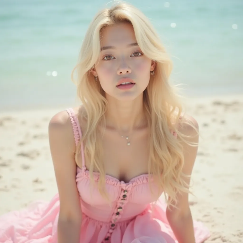 K-pop idol, Korean, unique looking, kind of looks like, brown eyes, blonde hair, Yunjin from Le sserafim, pretty, pale skin, cute fashion, K-pop music video concept photo, pretty beach, noon, pink like, cute and soft like, sitting in the sand, pretty pink ...