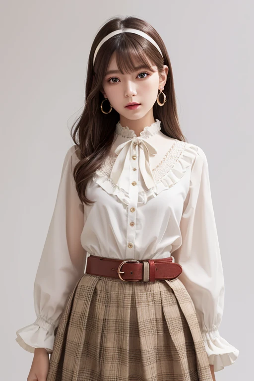  top quality , very detailed,masterpiece, ULTRA DETAIL,Alone,(Delicine eyes),(White background:1.3),red eyes, standing, belt skirt ,[trench coin:20],gem, mole_Down_eye,  in rot _in_viewer, Frilled_ headband, earrings for women with first name