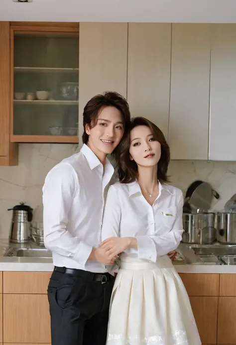 2 person(1 beauty korean milf), (little baby son),standing in kitchen, full body,wearing white shirt and skirt,sexy ass, perfect body, long hair,nice tits, cooking