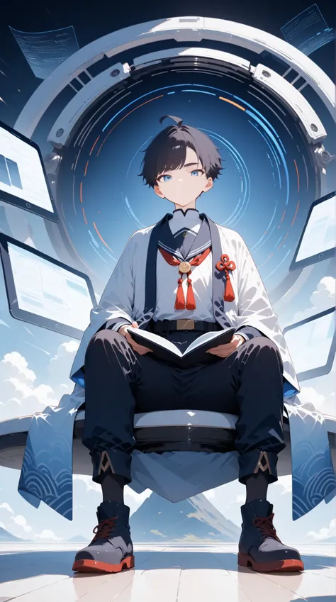 masterpiece, high score, great score, absurdres, 1boy, sitting on mechanical bench,reading,looking at viewer,tablet,male focus, 19-yo, full body, slim, (very short) black hair, ahoge, swept bangs, (spiky hair:0.9), (thick eyebrows:0.9), blue eyes, (jitome:...