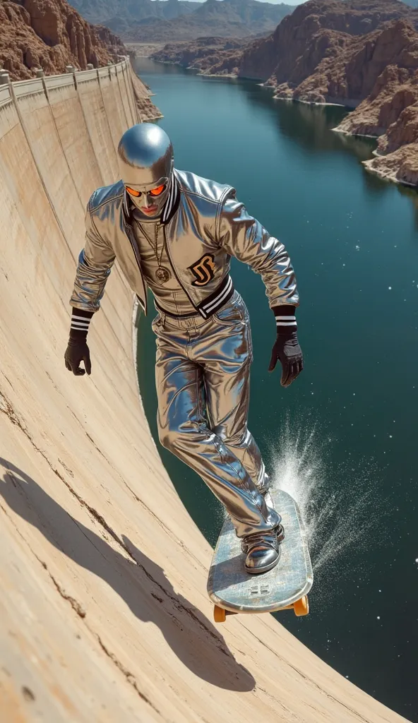 A drone shot captures Silver Surfer, fully chromed-out, just as he begins his majestic descent down the immense Hoover Dam. His entire body and face are visible, with the 726-foot structure stretching beneath him. The curved concrete wall, lined with crack...