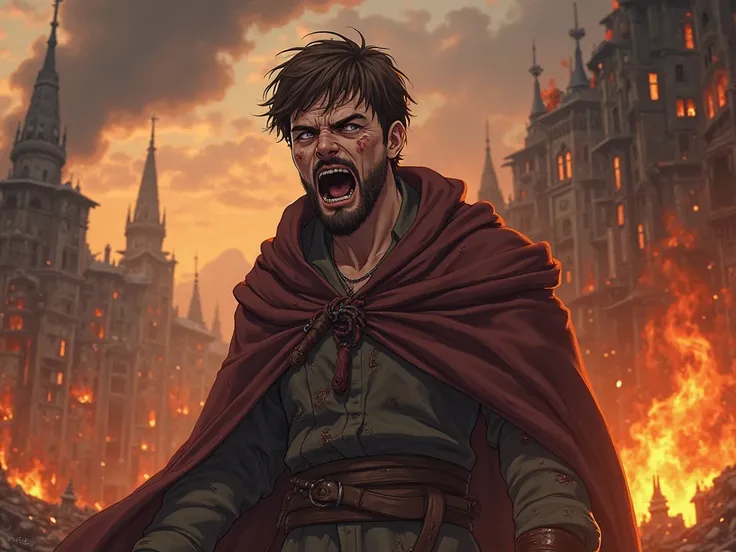 Wounded wizard short brown hair and short beard in tired screaming a burning kingdom hidden realistic medieval anime style 