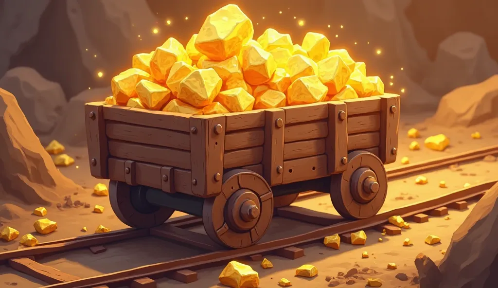 Design a close-up cartoonish image of a mining cart filled with oversized, glowing gold nuggets. The nuggets should sparkle with exaggerated shine and have a cartoonish, soft, shiny texture. The cart itself should have playful, rounded proportions and bold...