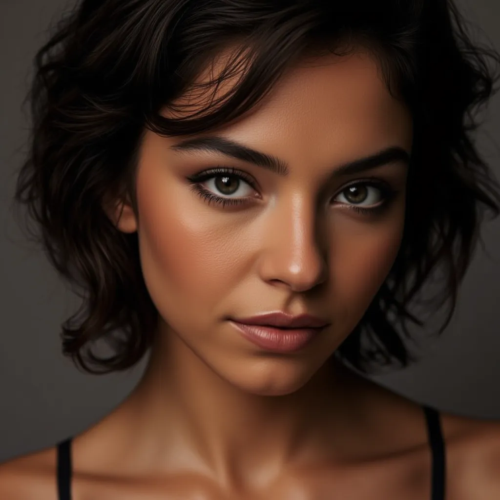 A close up of a stunning alluring woman with a well-defined, symmetrical face, high cheekbones, and a softly sculpted jawline. Her deep black hair is styled in a tousled, short wavy bob that frames her face, with layered strands adding volume and movement,...