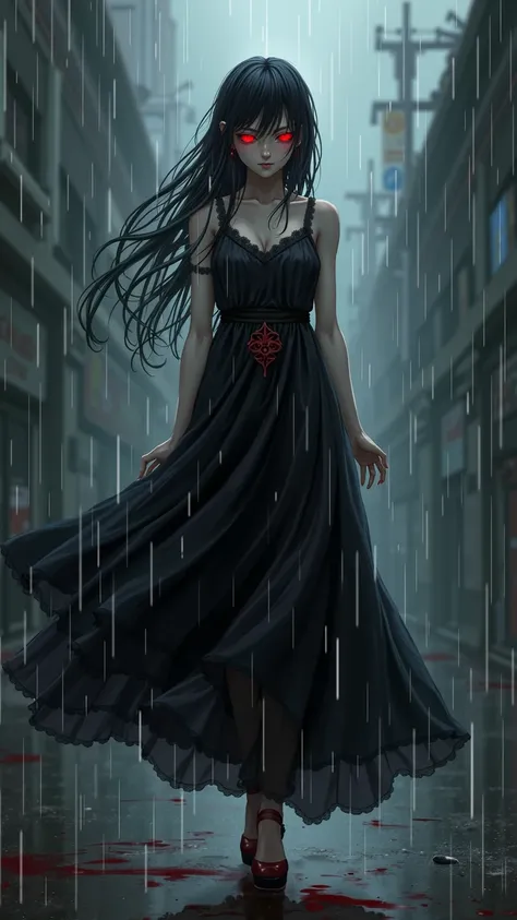 Woman in a black dress with red eyes standing in the rain, Anime painting by Jin Homura,  pixiv contest winner, Gothic art,  Gothic Maiden anime girl , Anime girl in a black dress , Devil Anime Girl, 1  anime goth girl  , With glowing red eyes,  Dark Art S...